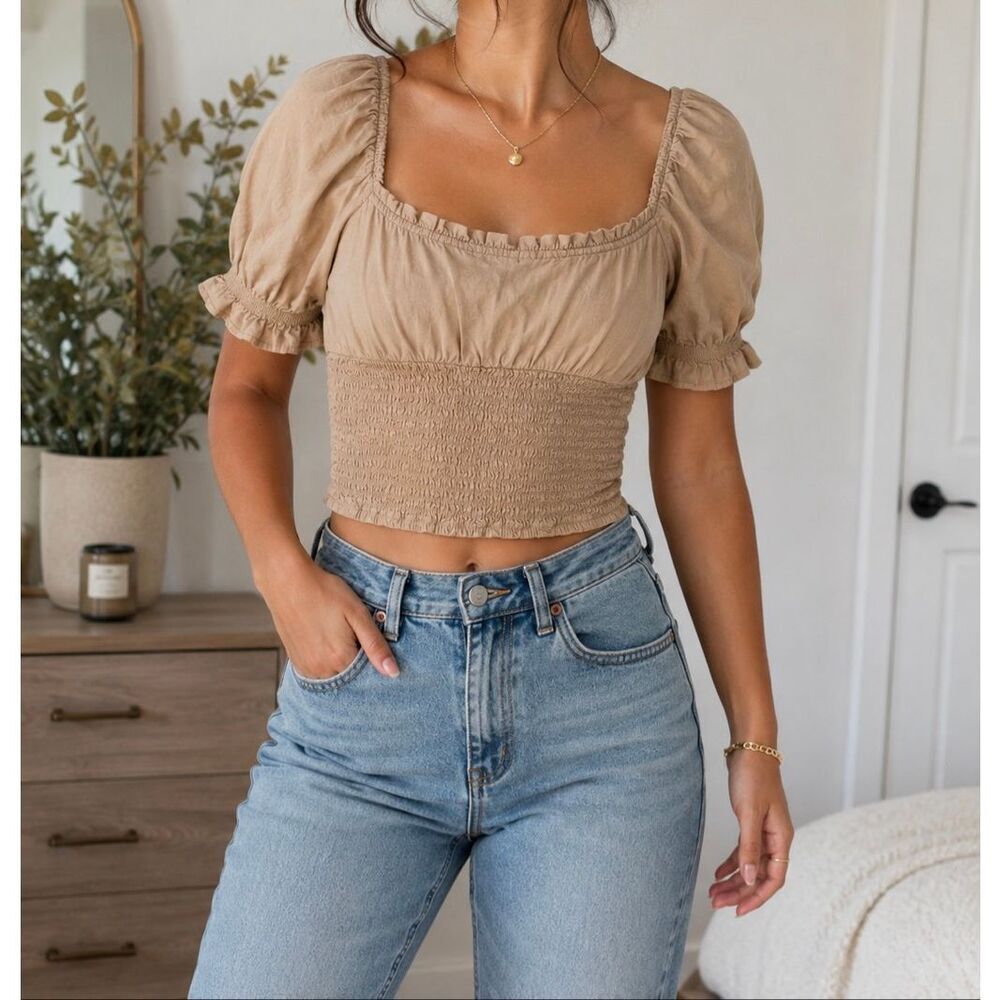 Abercrombie & Fitch Smocked Puff Sleeve Crop Top Beige Size S Cottagecore